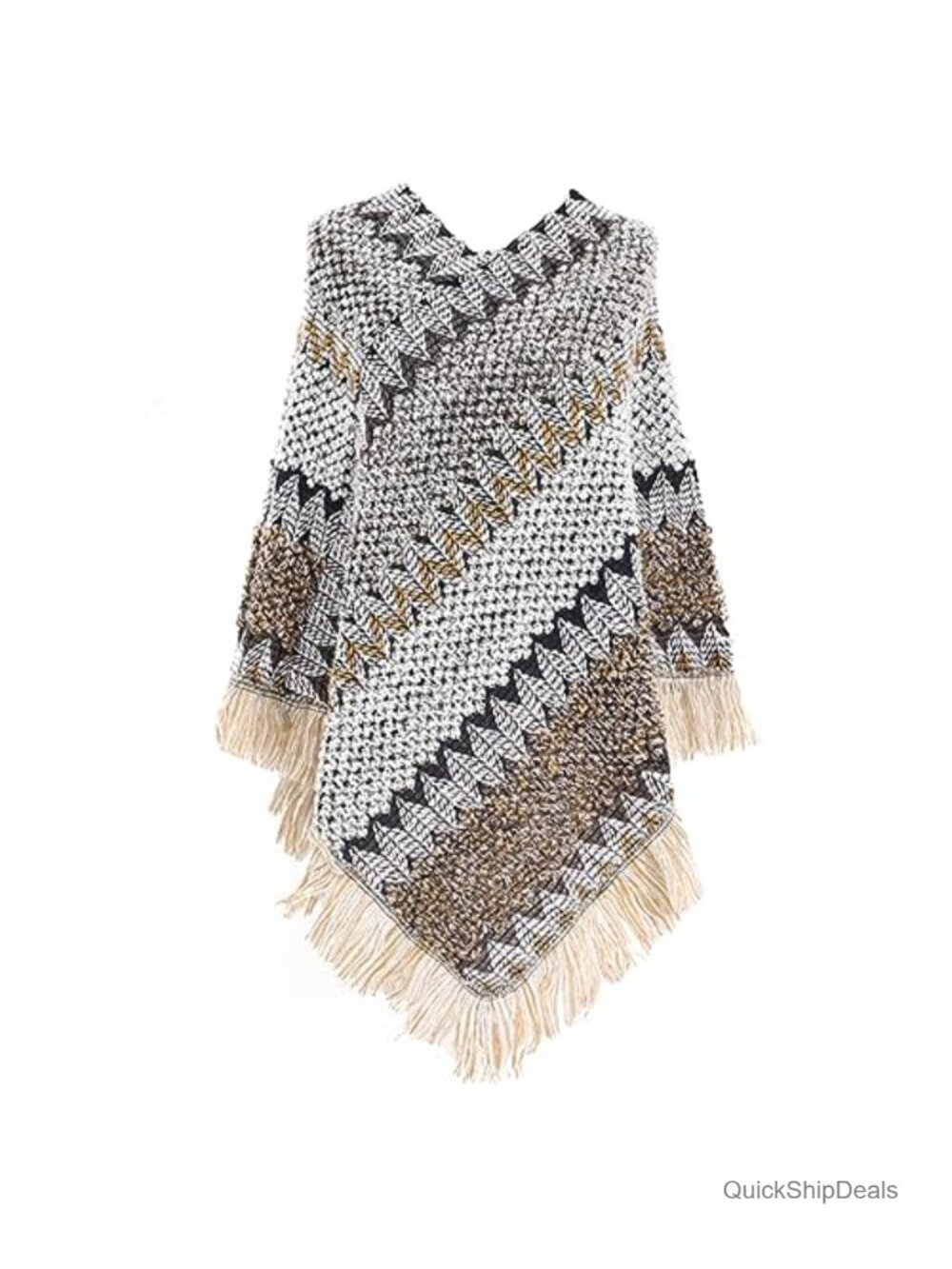 Womens Poncho Sweater Knit Fringe Shawl Asymmetrical Boho Hippie